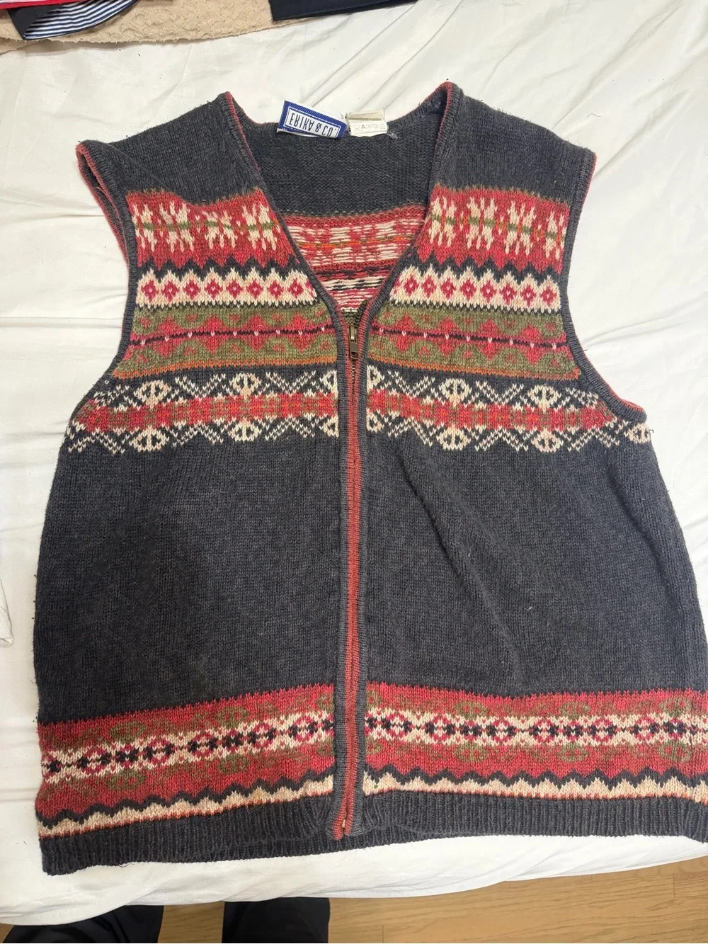 Vintage Sleeveless Fair Isle Zip-Front Sweater Vest - Charcoal Multi